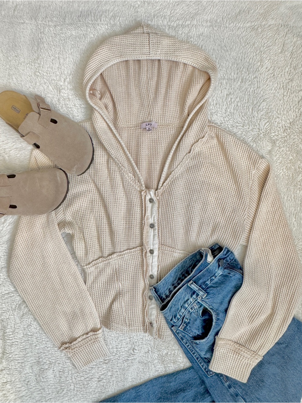 Cream Hooded Waffle-Knit Button Front Sweater